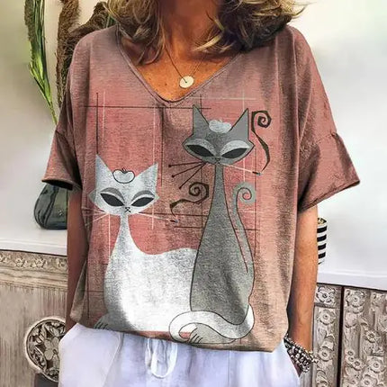 Zomers T-shirt met Korte Mouwen en Schattige Kitten Print