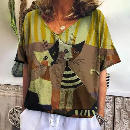 Zomers T-shirt met Korte Mouwen en Schattige Kitten Print