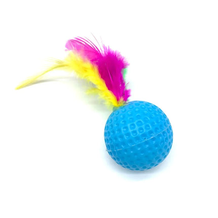 Plastic golfbal met veren kattenspeeltje