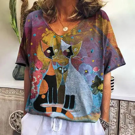 Zomers T-shirt met Korte Mouwen en Schattige Kitten Print