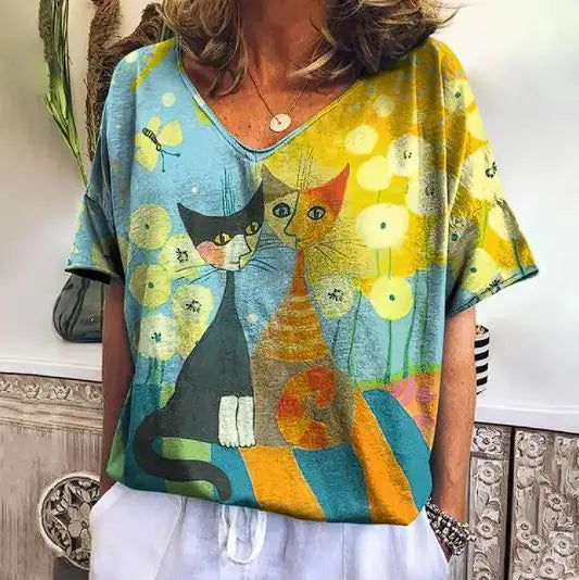 Zomers T-shirt met Korte Mouwen en Schattige Kitten Print