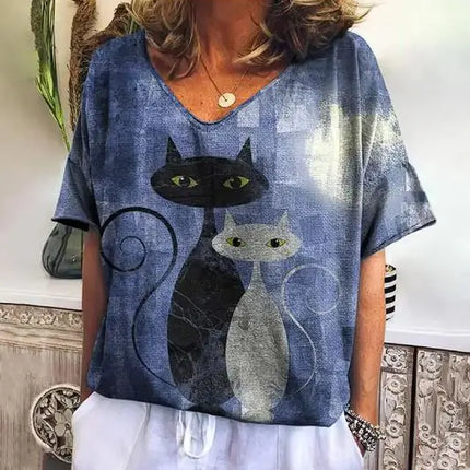 Zomers T-shirt met Korte Mouwen en Schattige Kitten Print