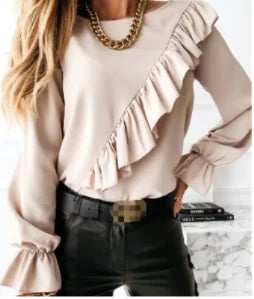 Elegante Ruffle Blouse met O-hals – Stijlvolle Office Look