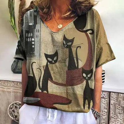 Zomers T-shirt met Korte Mouwen en Schattige Kitten Print