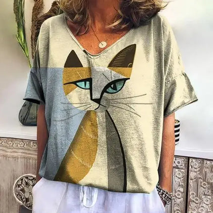 Zomers T-shirt met Korte Mouwen en Schattige Kitten Print